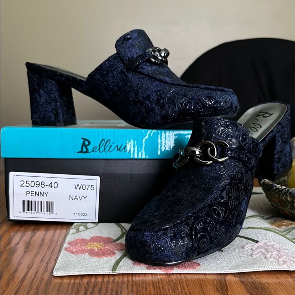 Bellini Blue Velvet Mules with Horsebit Detail